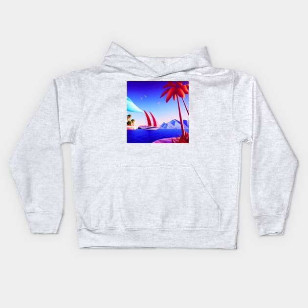 A Yacht With Red Sails Arriving At A Tropical Island With Reddish Looking Trees In The Foreground. Kids Hoodie by Musical Art By Andrew